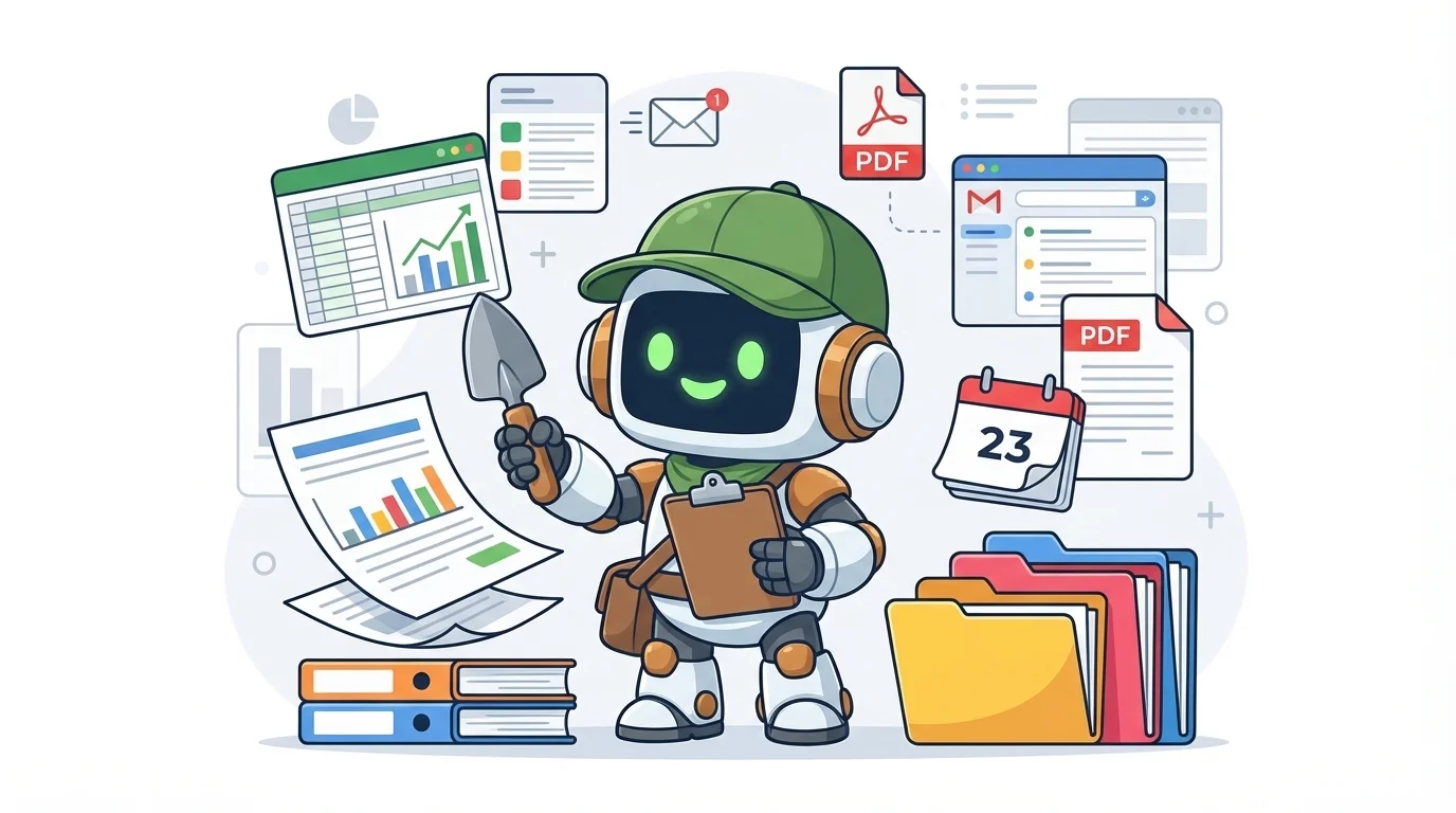 SAM tackling a pile of mundane work tasks — spreadsheets, emails, reports