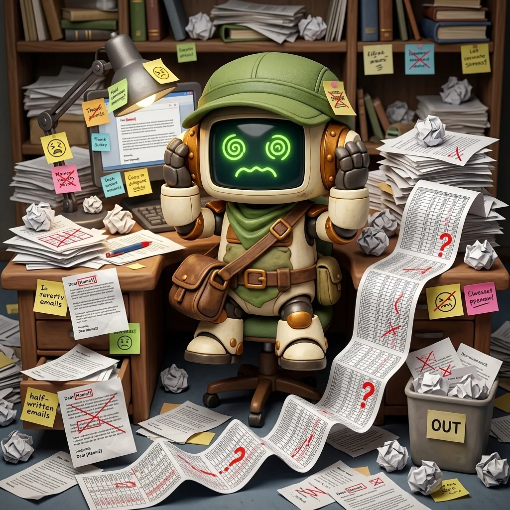 SAM overwhelmed by dozens of half-written emails, copy-paste errors, and a never-ending spreadsheet